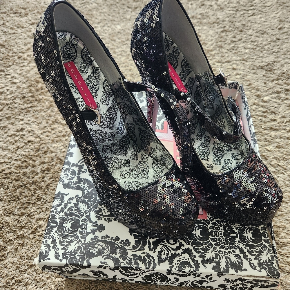 Bordello black and silver sequin dancer shoes